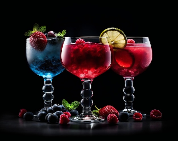 Drie glazen rode, blauwe en witte cocktails met frambozen en limoenen op een zwarte achtergrond.