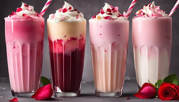 drie glazen roze en witte milkshake met aardbeien en aardbeien