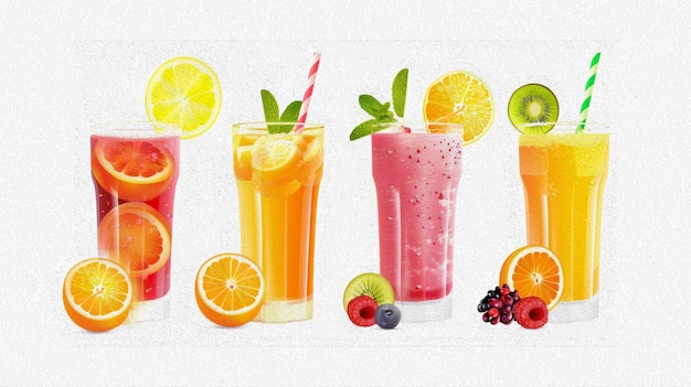 Drie glazen vers sap met sinaasappel, citroen en grapefruit op witte achtergrond