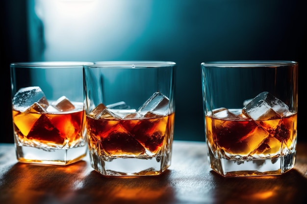 Drie glazen whisky op een reep met ijsblokjes