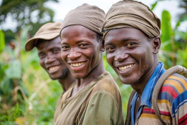 Drie glimlachende gezichten van jonge boeren