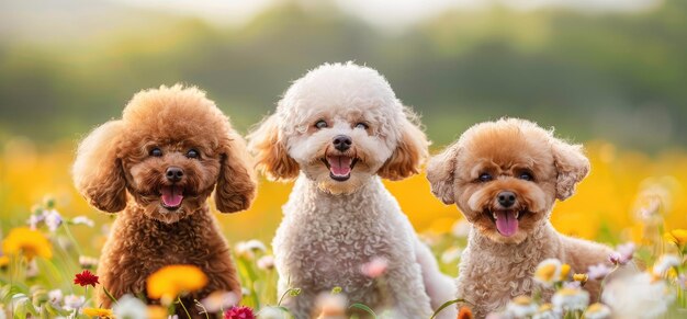 Drie glimlachende poedels genieten van een zalige dag tussen zonnige bloemen Generatieve AI