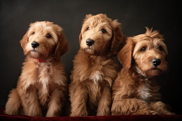 Drie gouden doodle-puppy's in de kleuren lichtrood en goud generatieve ai