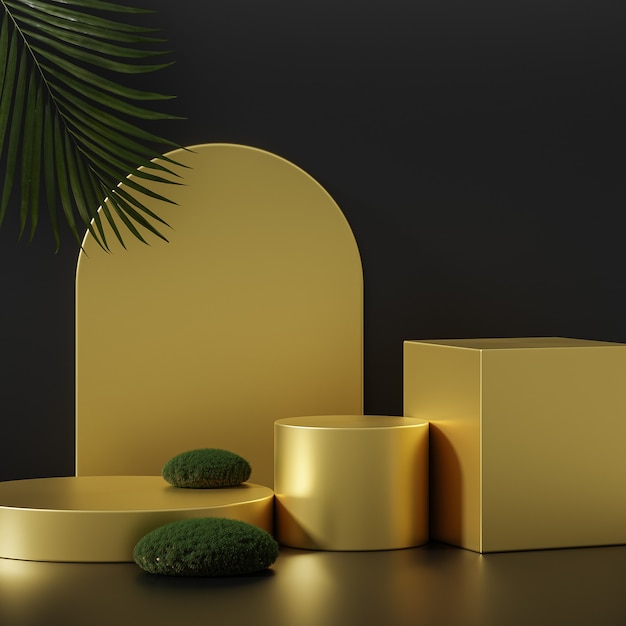 Drie gouden podium podium staan op een zwarte achtergrond met grote tropische bomen 3d render voor productplaatsing