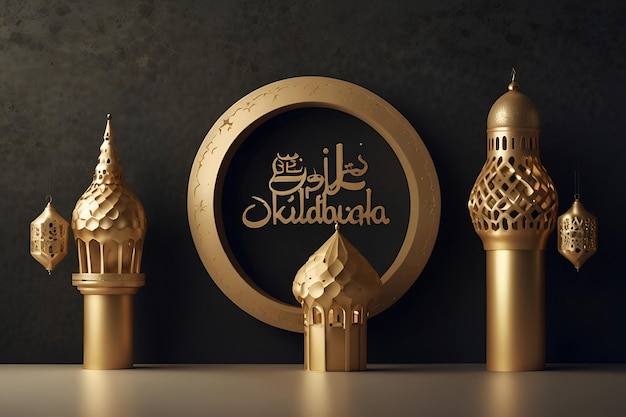 Drie gouden voorwerpen met een zwarte achtergrond met een gouden cirkel die kaligrafie van het Arabisch zegt