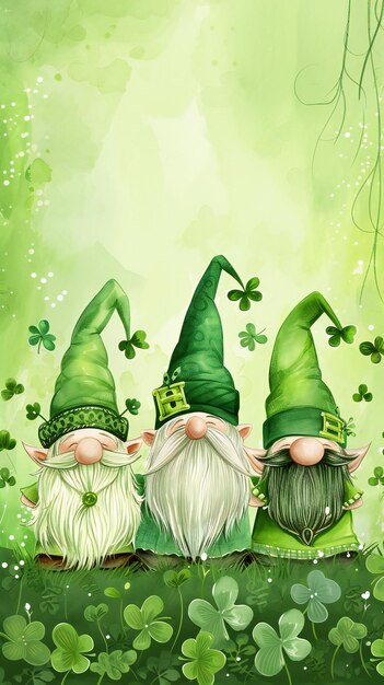 Drie grillige tuingnommen omringd door klaverbladeren Illustratie voor St. Patrick's Day