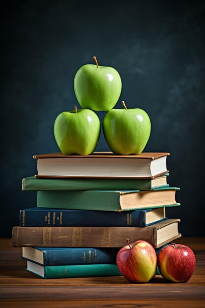 Drie groene appels op een stapel oude boeken met twee rode appels naast hen