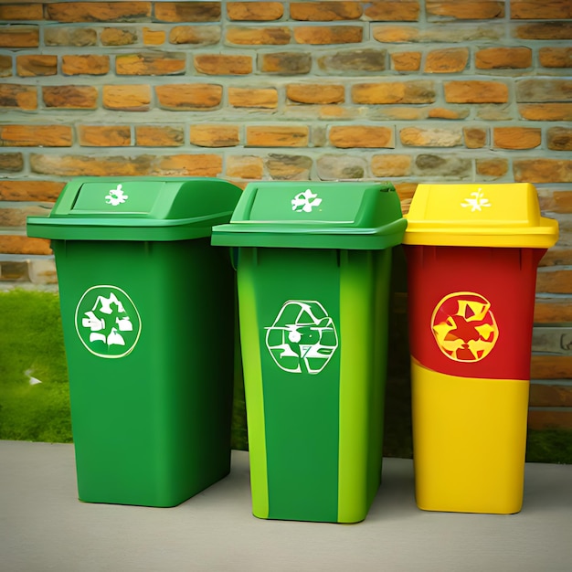 Drie groene en gele bakken met één die recycleerbaar staat.