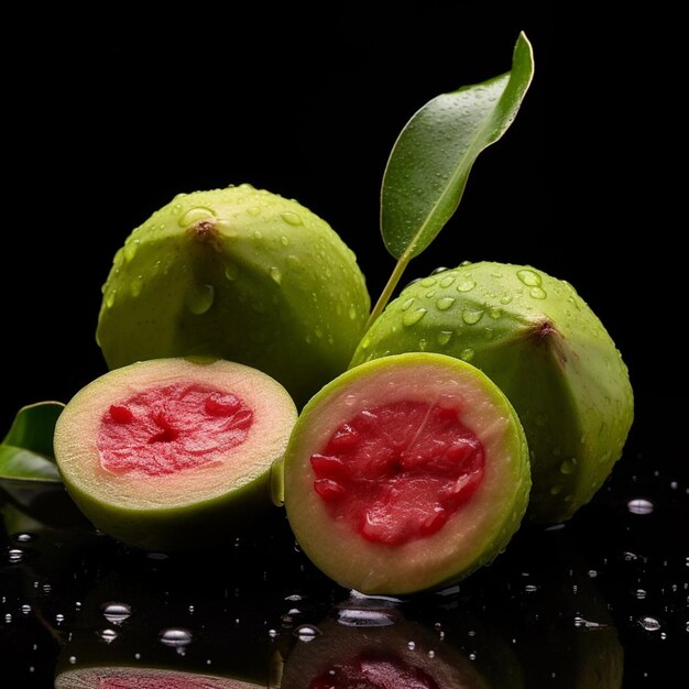 Drie groene vruchten met het woord guave aan de zijkant