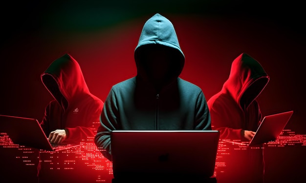 Drie hackers zonder gezicht Concept van red hat hacker groepsorganisatie of vereniging