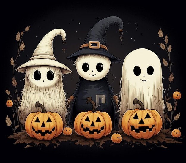 drie halloween-geesten met pompoenen en hoeden zittend op een stapel bladeren generatieve ai