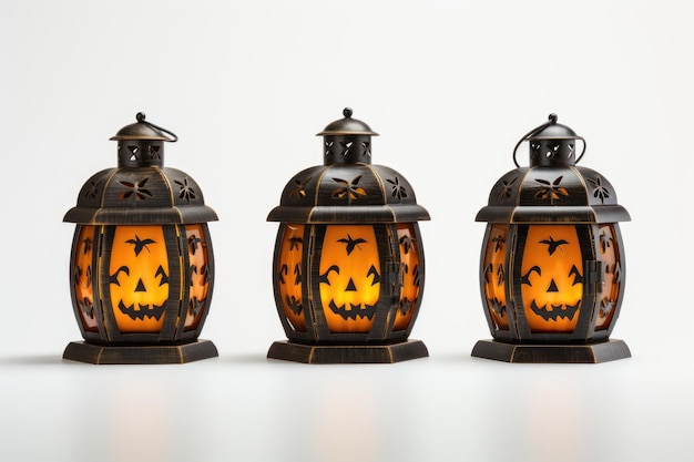 Foto drie halloween lanterns met jack o lantern faces drie halloween lanterns met gebeeldhouwde jack o lanterns worden tentoongesteld en verlichten de omgeving met een spookachtige gloed