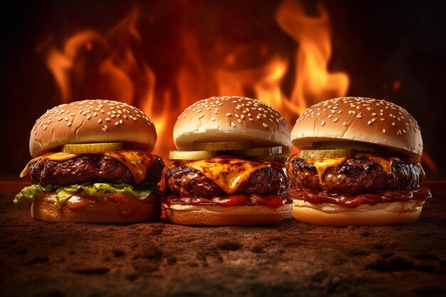 Drie hamburgers met kaas en sla zitten voor een brandgenerator.