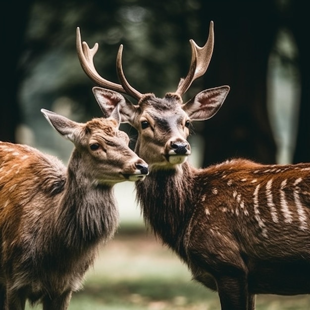 Foto drie herten staan in een veld met bomen op de achtergrond generatieve ai