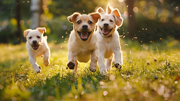 Foto drie honden die in het gras rennen, waarvan er een een halsband draagt