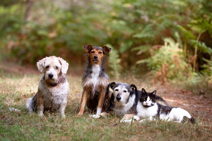 Drie honden en een kat poseren samen in een natuurlijke omgeving horizontaal familieportret adopteren niet kopen