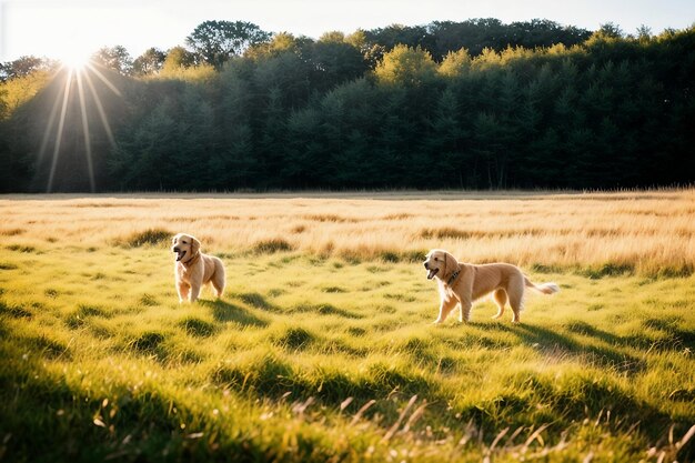 Drie honden in een veld waar de zon op schijnt