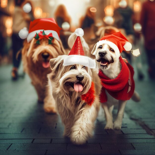 Drie honden lopen op de weg met kerstkleding aan.