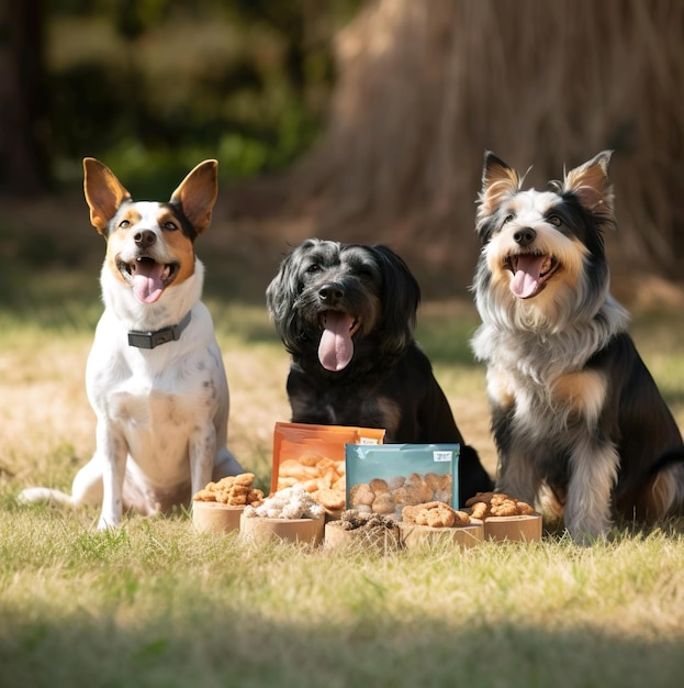 Drie honden zitten in het gras met een doos hondenvoer.