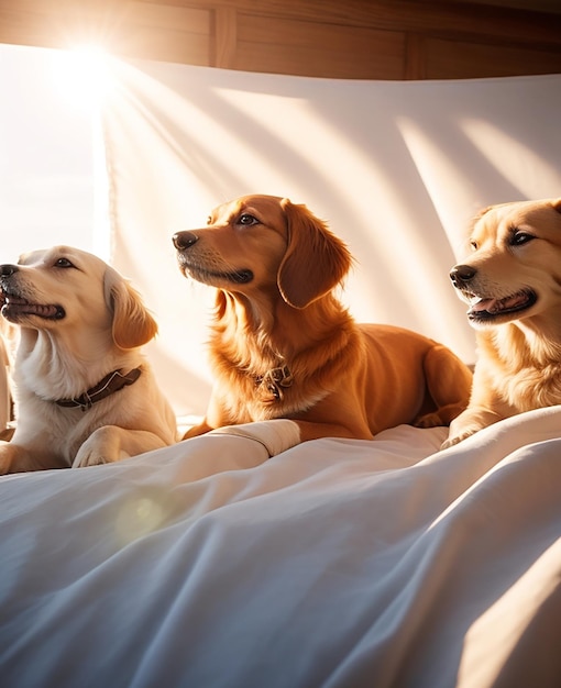 drie honden zitten op een bed en een van hen heeft een wit laken met de tekst 'happy dogs'