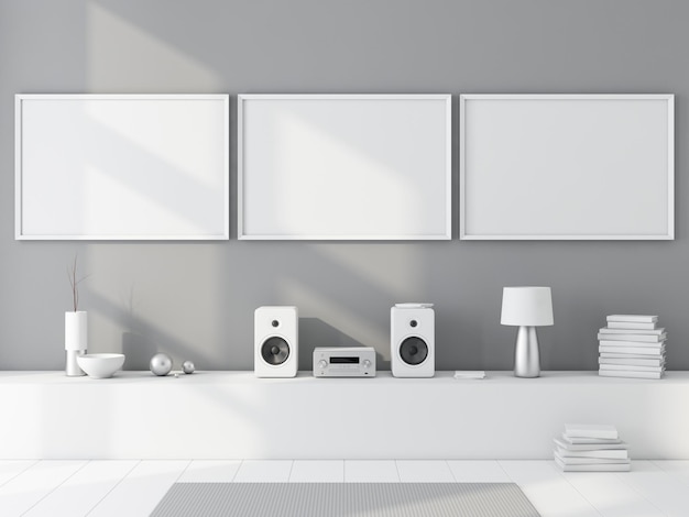 Drie horizontale posterframes mockup in moderne kamer 3d-rendering