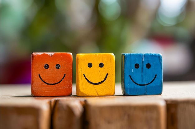 Drie houten blokken met glimlachende gezichten erop.