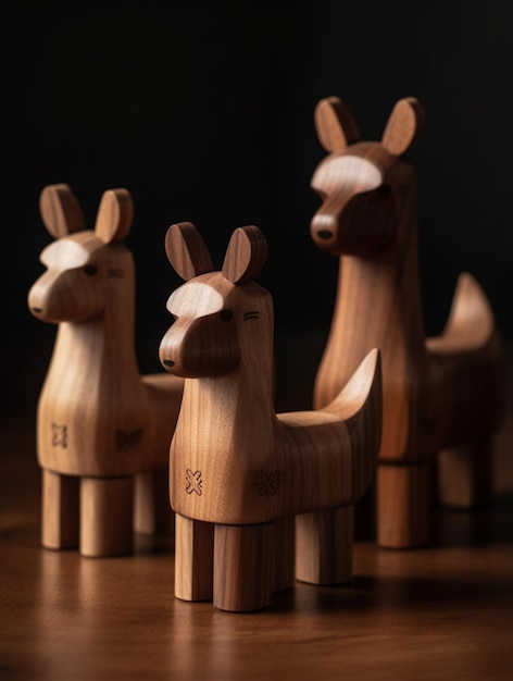 Foto drie houten speelgoeddieren staan op een tafel.