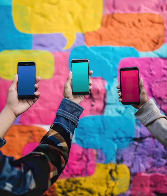 Drie individuen staan voor een levendige muur, elk met een smartphone met spraakbubbels.