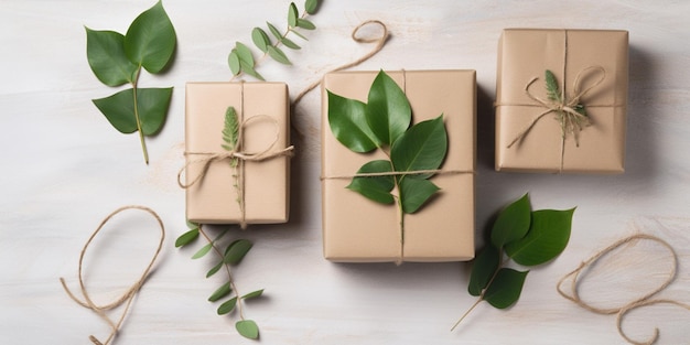 Drie ingepakte geschenkdozen met een groen blad erop en een plant erop.