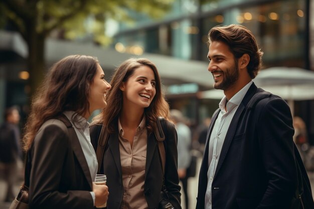 Drie jeugdige zakenmensen in gesprek over generatieve AI