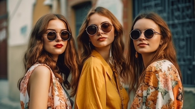 Drie jonge, aantrekkelijke hipstervrouwen poseren op straat terwijl ze modieuze zomerkleding dragen, positieve modellen die zich vermaken dicht bij een kunstmuur, gekke zonnebrillen The Generative AI