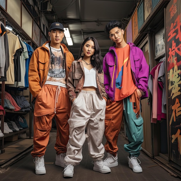 Drie jonge Chinezen in oranje en paarse kleding Generative ai Scene is casual en leuk