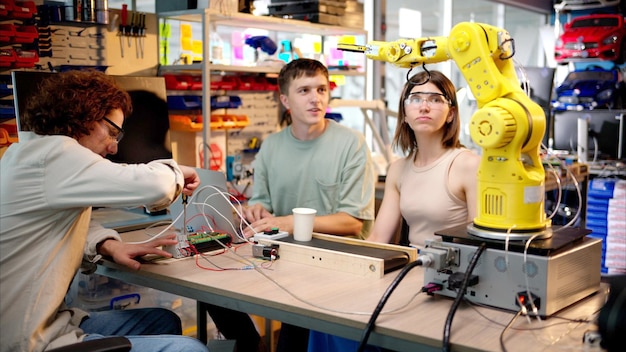 Drie jonge gelukkige ingenieurs repareren een gele robotarm in de werkplaats computerprogrammering