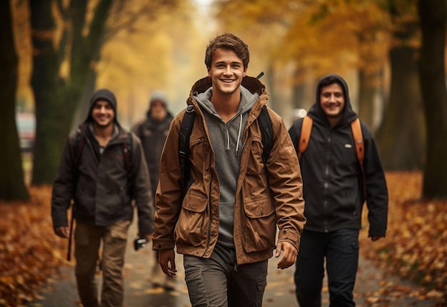 drie jonge mannen lopen in het herfstpark en kijken naar elkaar realistische beeld ultra hd