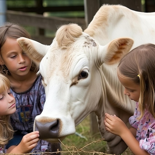 Drie jonge meisjes aaien een koe in een veld.