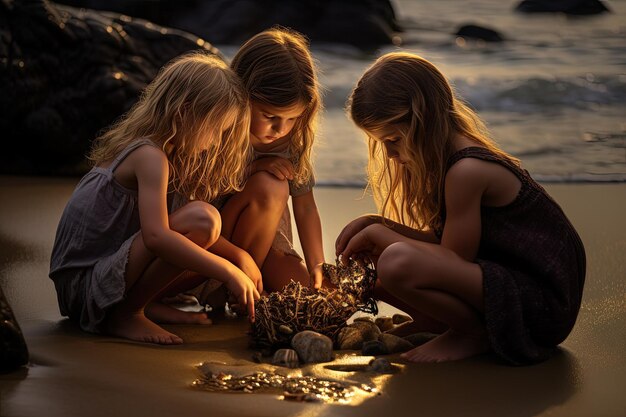 Foto drie jonge meisjes zitten op een strand naast rotsen.