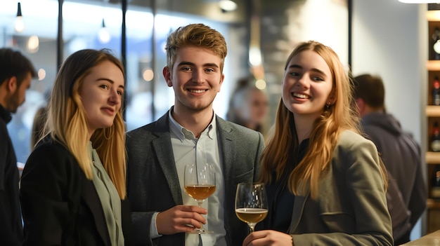 Drie jonge professionals genieten van een ongedwongen gesprek terwijl ze een drankje drinken in een bar of restaurant