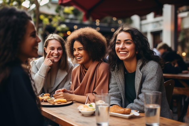 Drie jonge vrouwen genieten van ontbijt en drinken koffie Generatieve AI