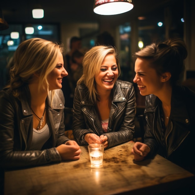 Drie jonge vrouwen in lederen jassen lachen en praten in een bar.