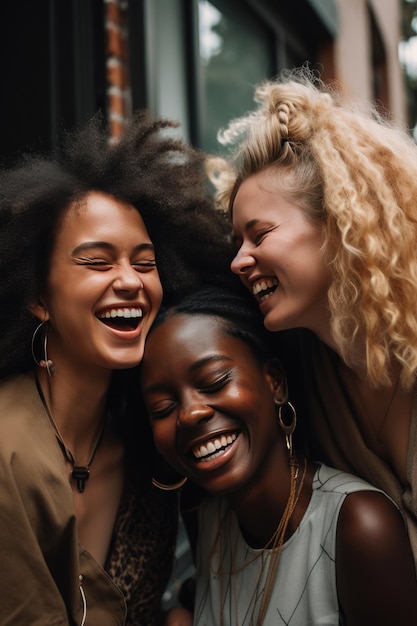 Drie jonge vrouwen van verschillende rassen die plezier hebben op straat in de stad.