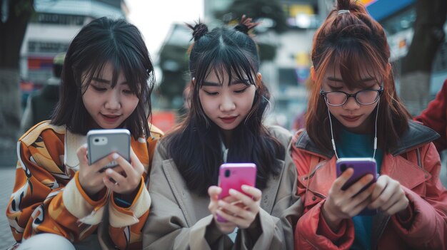 Drie jonge vrouwen zitten op de grond en kijken elk naar hun mobiele telefoon.