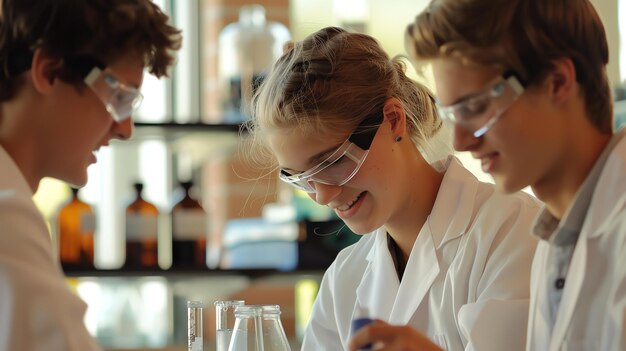 Foto drie jonge wetenschappers in labjassen en veiligheidsbrillen werken samen in een lab. ze glimlachen allemaal en kijken naar iets.