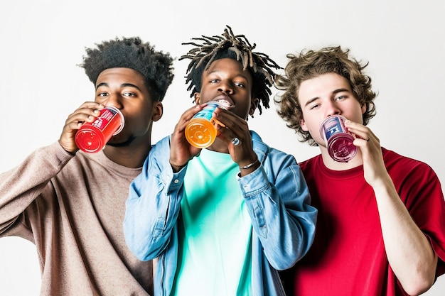 Foto drie jongens drinken frisdrank op een witte achtergrond