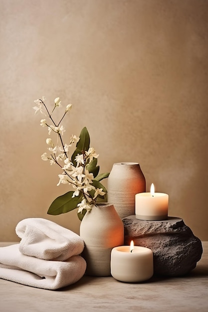 drie kaarsen vaas bloemen tafel beige grijze achtergrond health spa meditatiecentrum zachte verlichting
