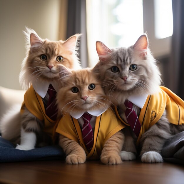 Drie katten in Hogwarts uniformen.