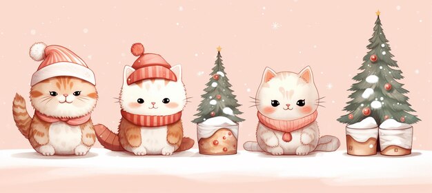 Foto drie katten in winterkleding zitten naast een kerstboom.
