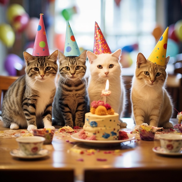 drie katten zitten aan een tafel met een verjaardagstaart en feestmutsen generatieve ai