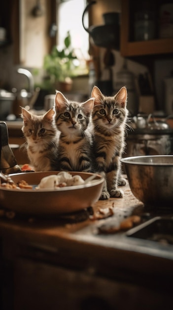 Drie katten zitten op een aanrecht, waarvan er één een kom eten is.