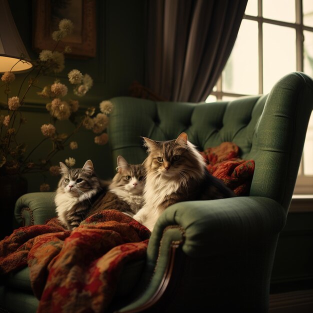 Drie katten zitten op een groene fauteuil.