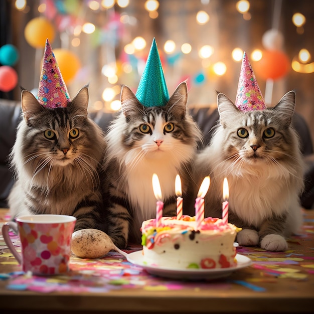 drie katten zitten voor een verjaardagstaart met aangestoken kaarsen generatieve ai